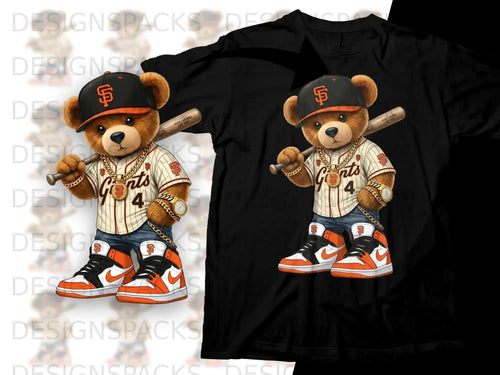 Bear wearing Giants jersey, gold chain, holding baseball bat, sneakers.