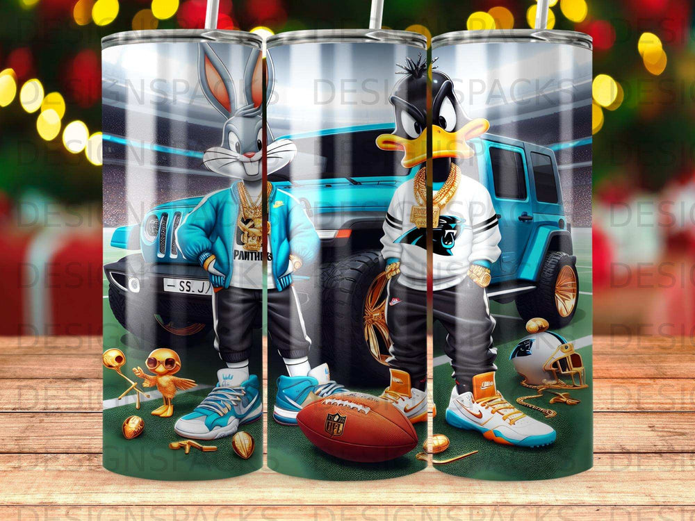 Bugs Bunny and Daffy Duck in tracksuits stand with a blue Jeep.
