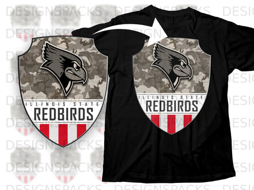 Illinois State Redbirds shield logo on black t-shirt with camouflage and stripes.
