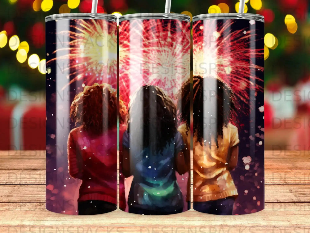 Three people watch fireworks, viewed from behind.