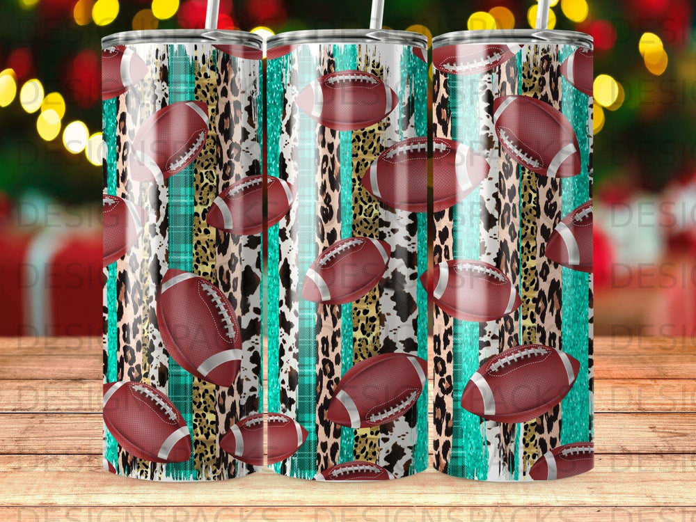 Tumbler with leopard print, turquoise plaid, and footballs.