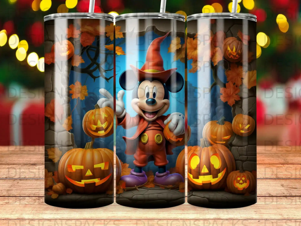 Mickey Mouse in a wizard costume holding a pumpkin with Halloween decorations.