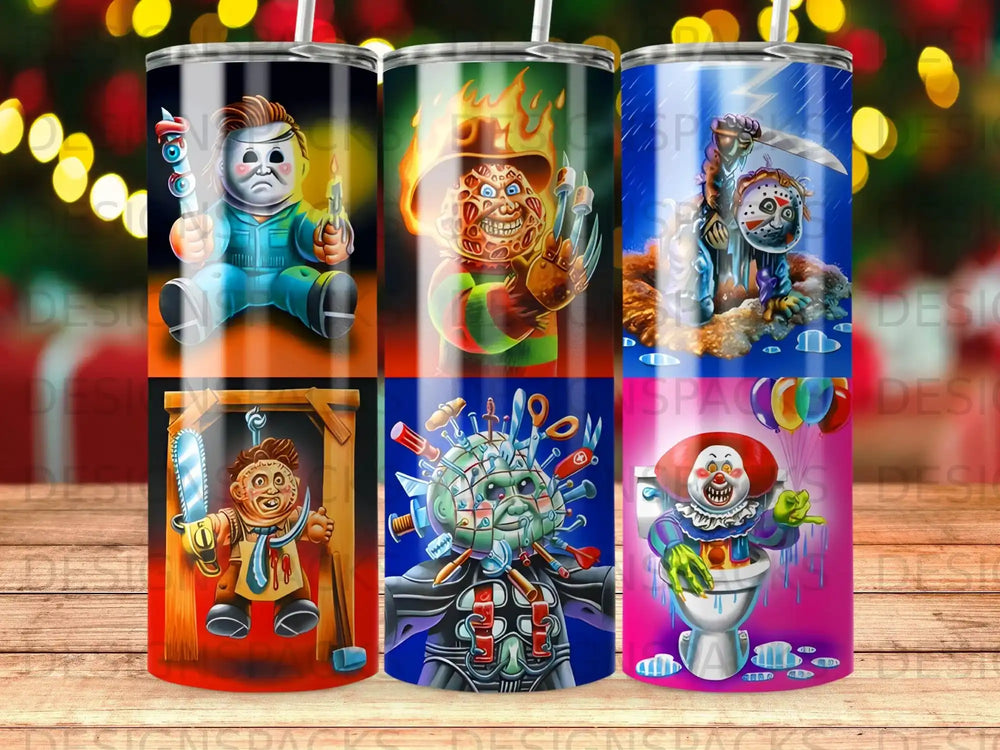 Collage of horror movie characters on tumblers: Michael Myers, Freddy Krueger, Jason Voorhees, Pennywise.