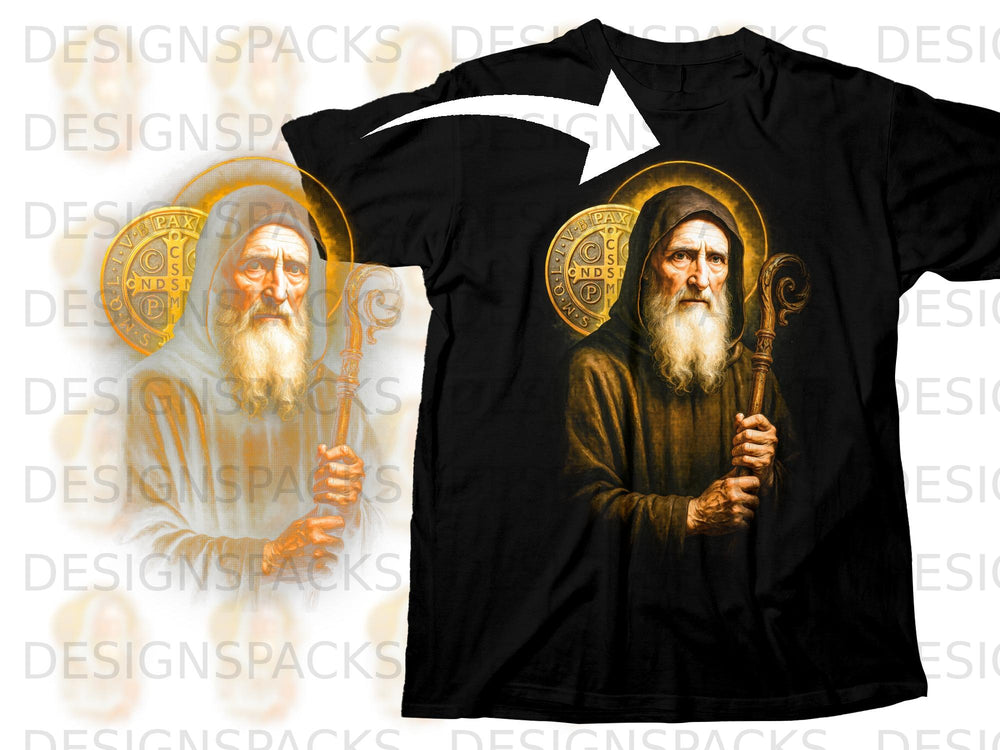Black t-shirt featuring a graphic of Saint Benedict holding a staff and cross.