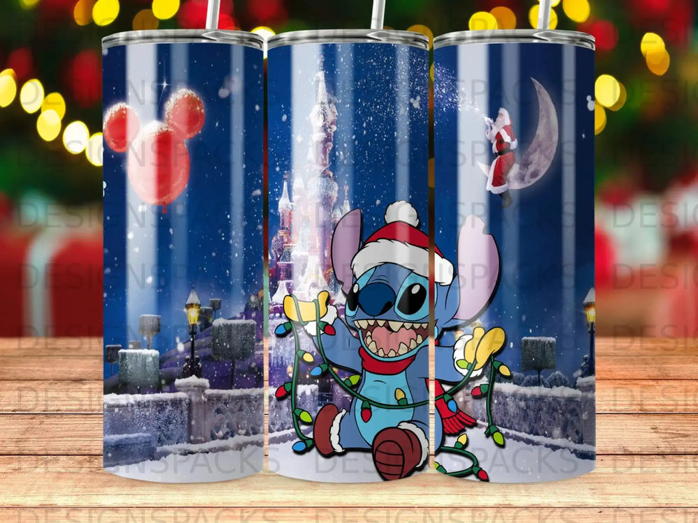 Stitch wearing Santa hat tangled in Christmas lights in snowy, festive scene.