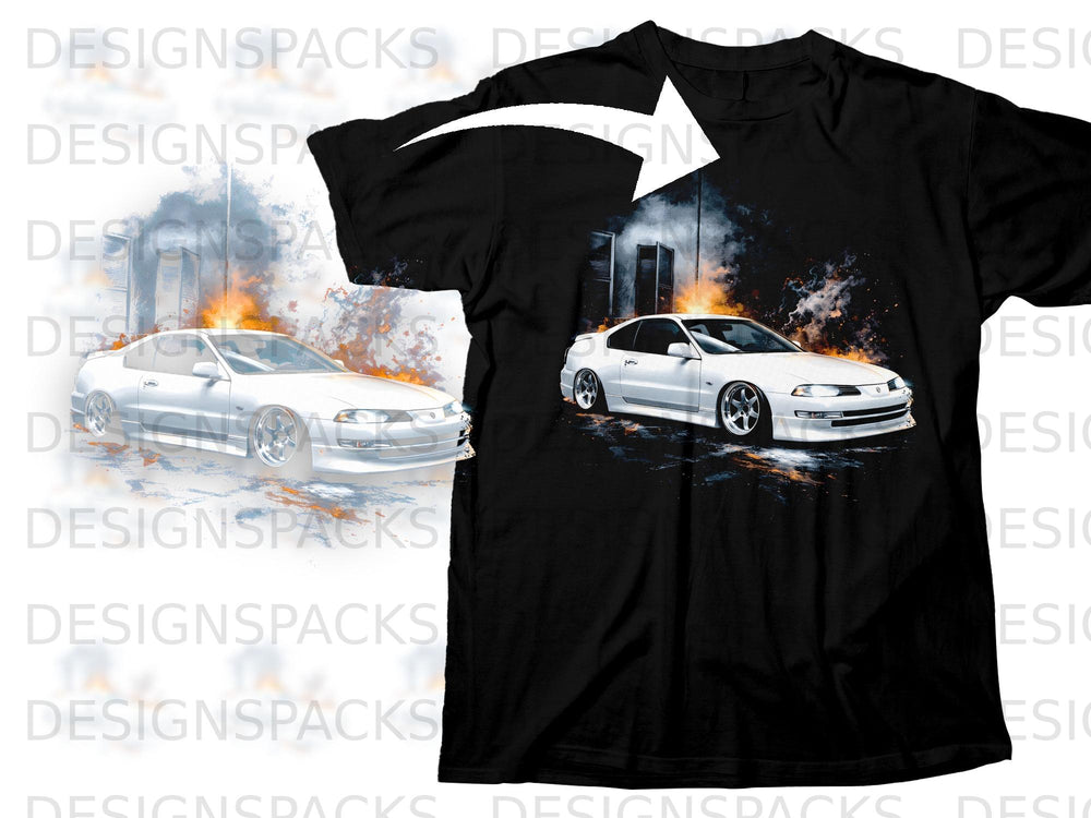 Black t-shirt with white sports car graphic against smoky, fiery background.