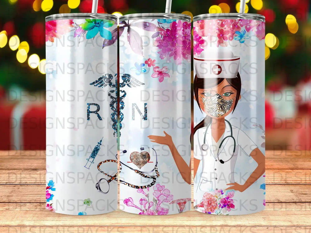 Nurse with stethoscope and floral design on a patterned tumbler.