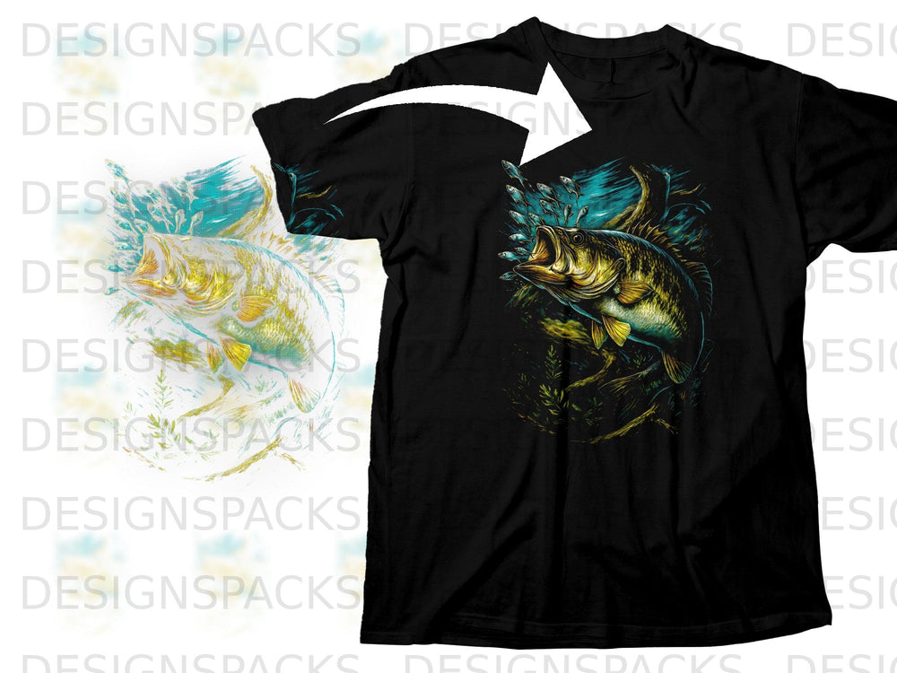 Black t-shirt featuring a jumping bass with small fish in a watery scene.