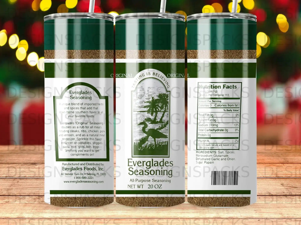 Everglades All-Purpose Seasoning with ingredients list on a navy blue background.