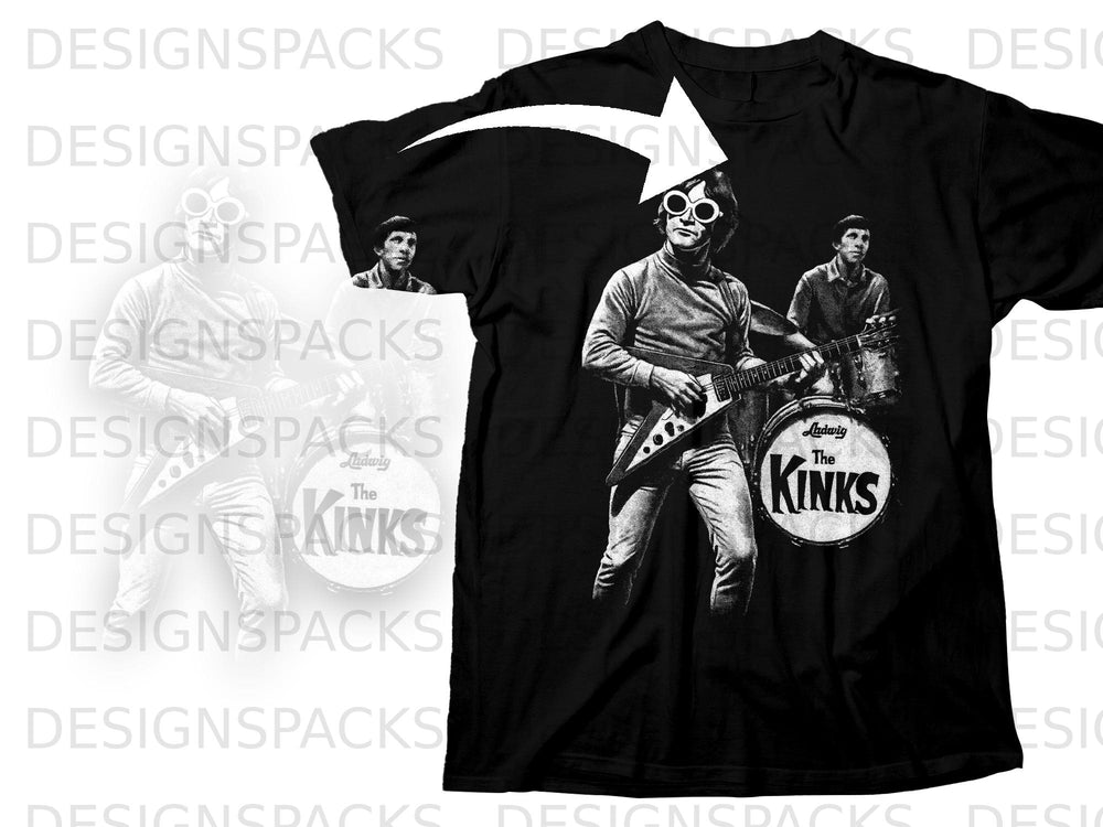 Black t-shirt with a graphic of The Kinks band members playing instruments.