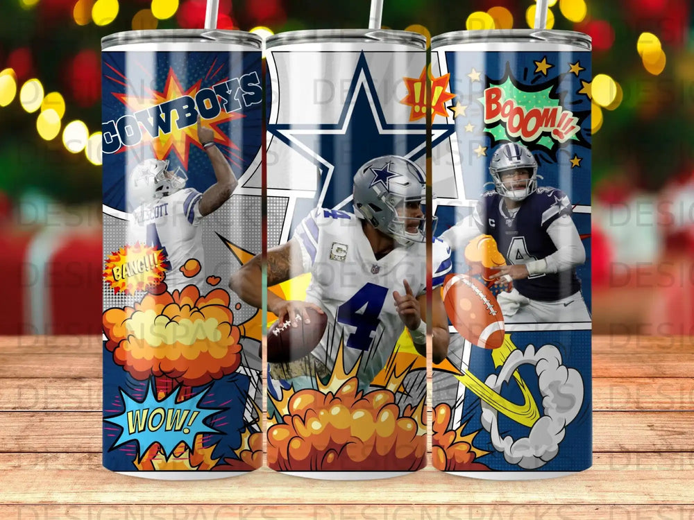 Dallas Cowboys players with comic-style graphics and text "COWBOYS", "BOOM!", and "WOW!".