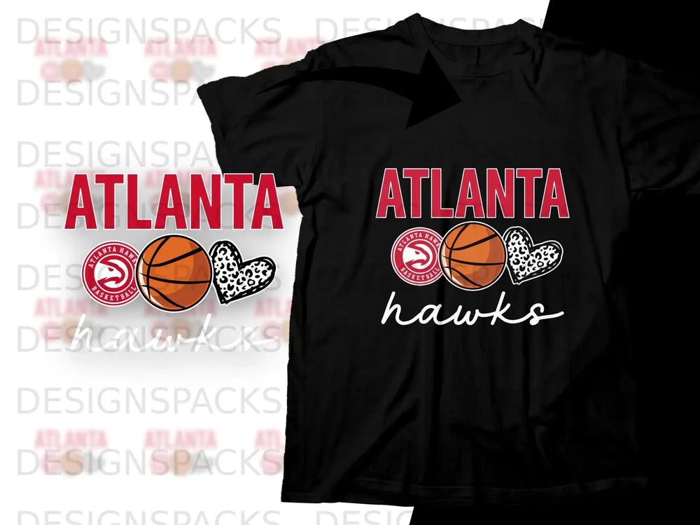 Atlanta Hawks logo with basketball and heart designs on black t-shirts.