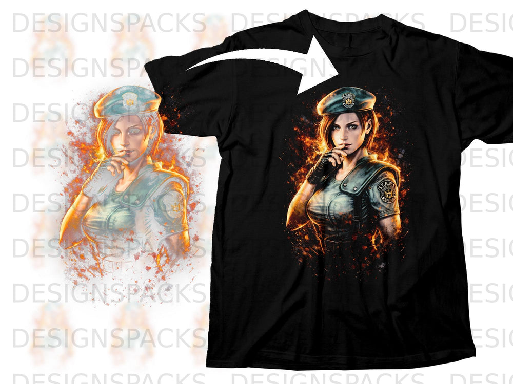 Black t-shirt featuring Jill Valentine from Resident Evil with fiery effects.