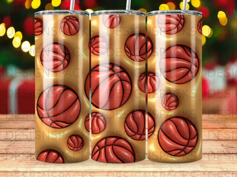 Close-up of basketball pattern on a tumbler with bokeh lights background.