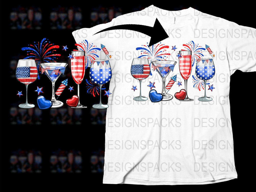 Patriotic T-Shirt 4th of July American Flag Fireworks Glasses Graphic Tee Unisex Casual Wear