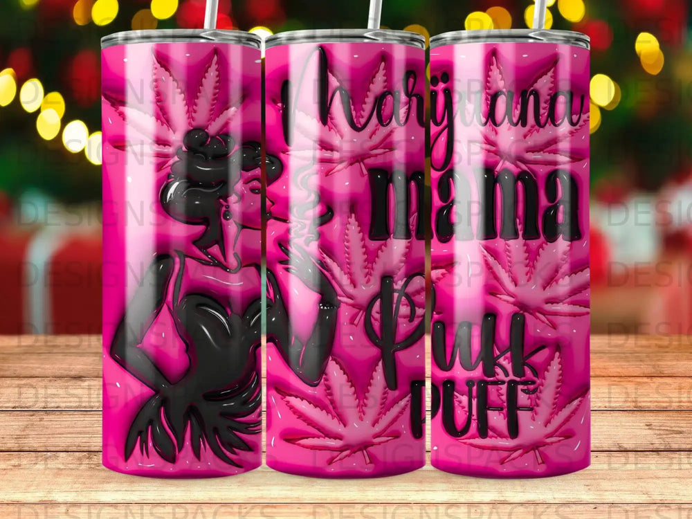 Pink tumbler with "mary jane puff puff" text and stylized woman silhouette.