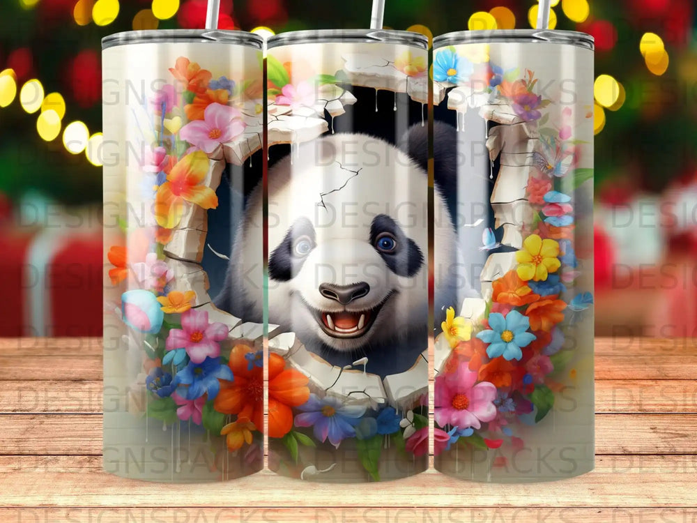 Panda peeking through cracked wall surrounded by colorful flowers and bokeh lights.