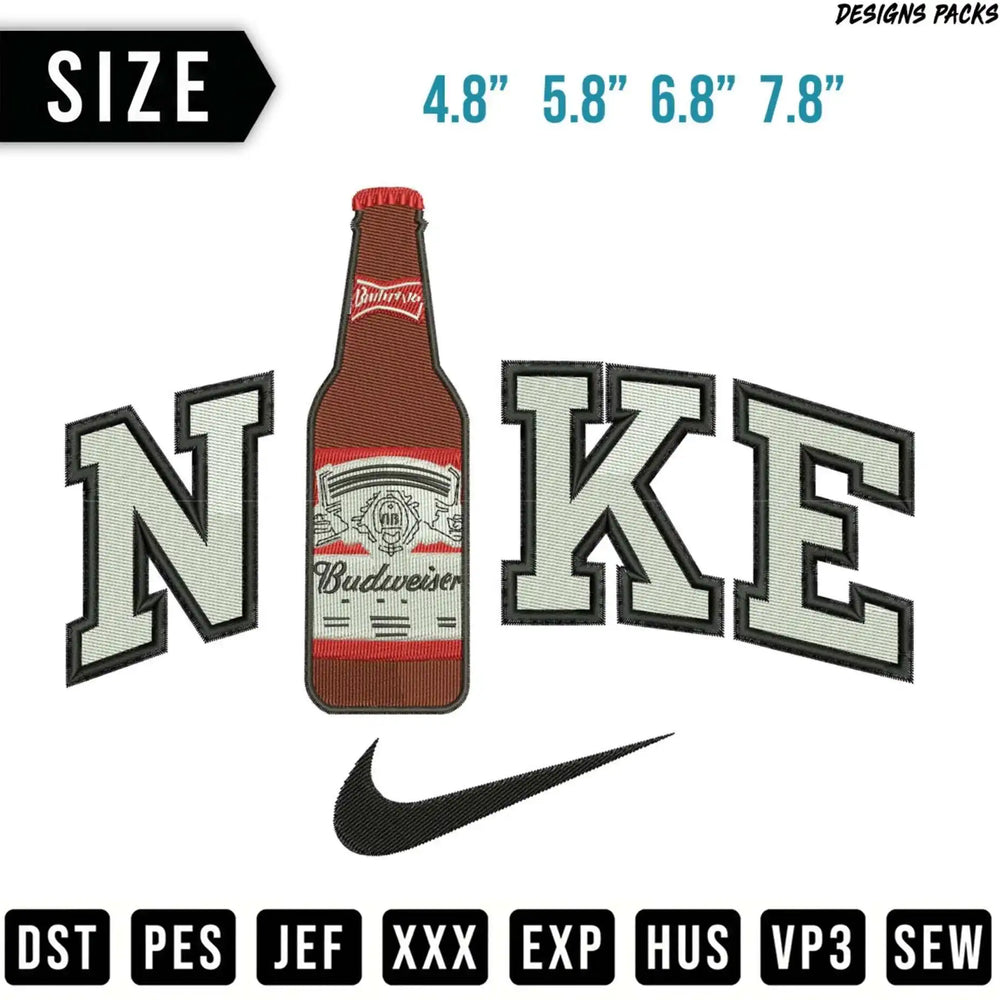 Budweiser beer bottle with Nike swoosh and "NIKE" text.