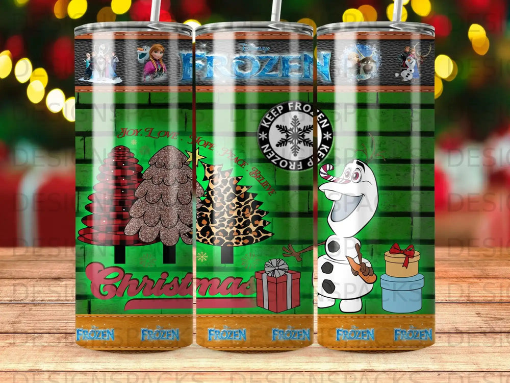 Three tumblers with "Frozen" theme, featuring Olaf, Christmas trees, and holiday text.