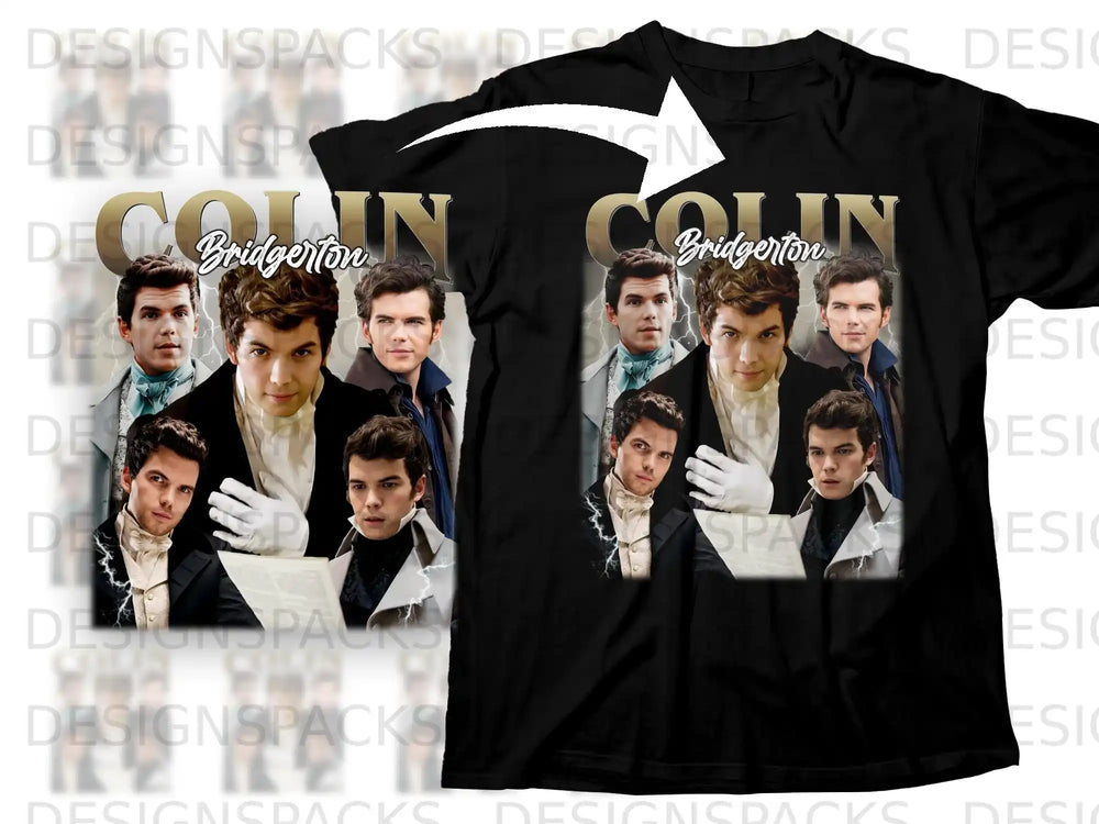Black t-shirt with collage of male actors from Bridgerton.
