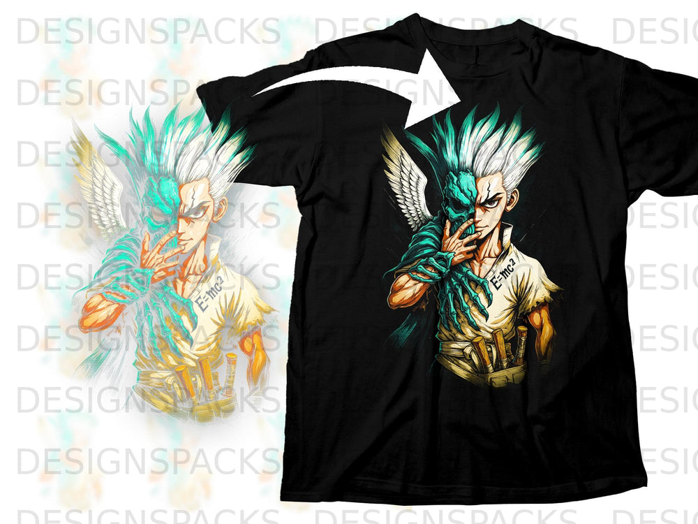 Black t-shirt featuring anime character Senku Ishigami with wings and text E=mc².