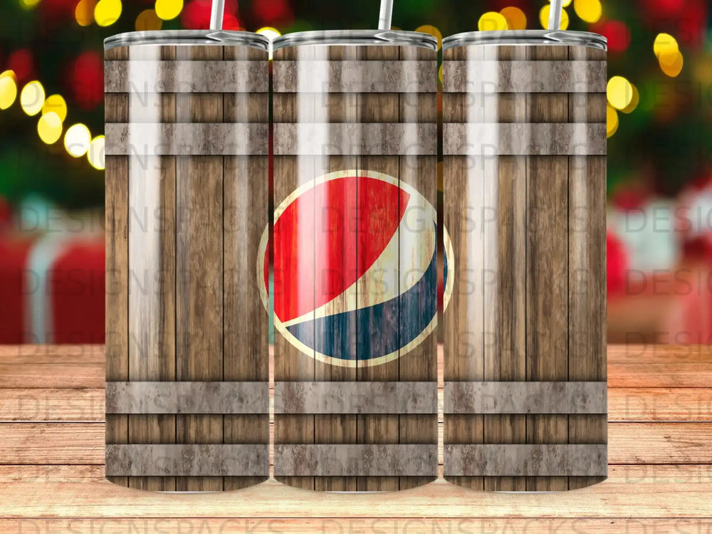 Pepsi logo on a wood grain tumbler with chrome accents.