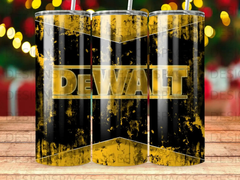 Black and yellow Dewalt tumbler with distressed texture and metallic sheen.