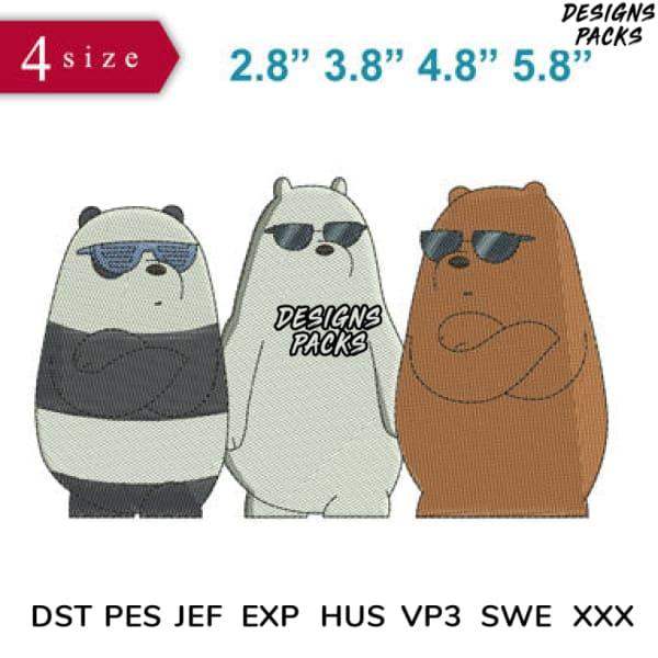 Embroidery design of three bears in sunglasses, 4 sizes, DST PES JEF formats for instant download