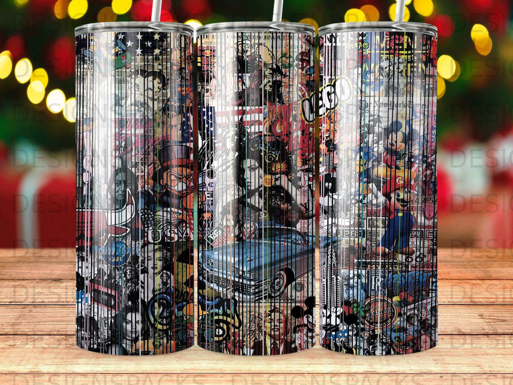 Collage of vintage pop culture images, cars, and text on a tumbler.