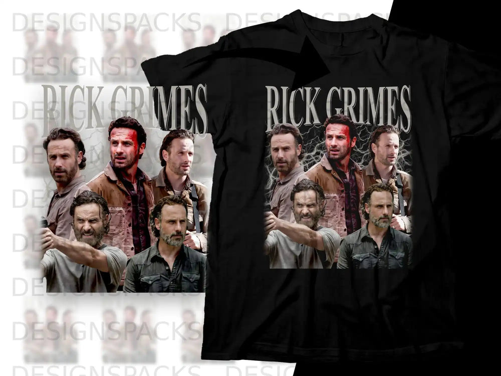 T-shirt graphic featuring Rick Grimes from The Walking Dead.