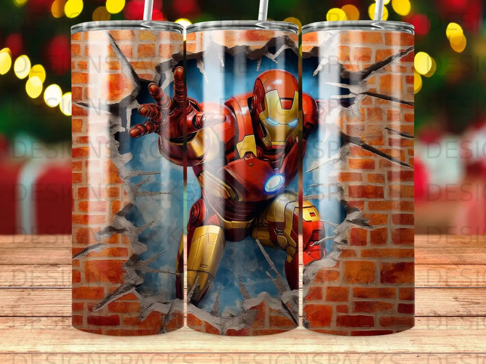 Iron Man breaking through a brick wall, reaching forward.