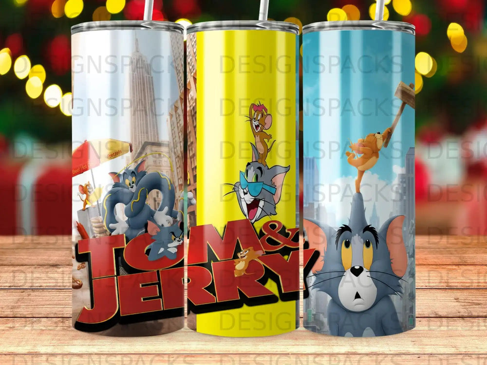 Tom and Jerry characters on three colorful tumblers with hot dog and pretzel stands.
