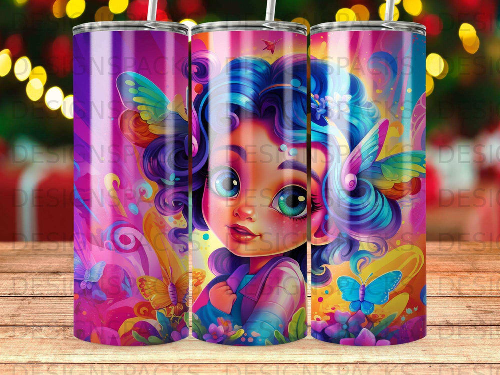 Young woman with colorful hair and butterfly wings on a vibrant, patterned tumbler.