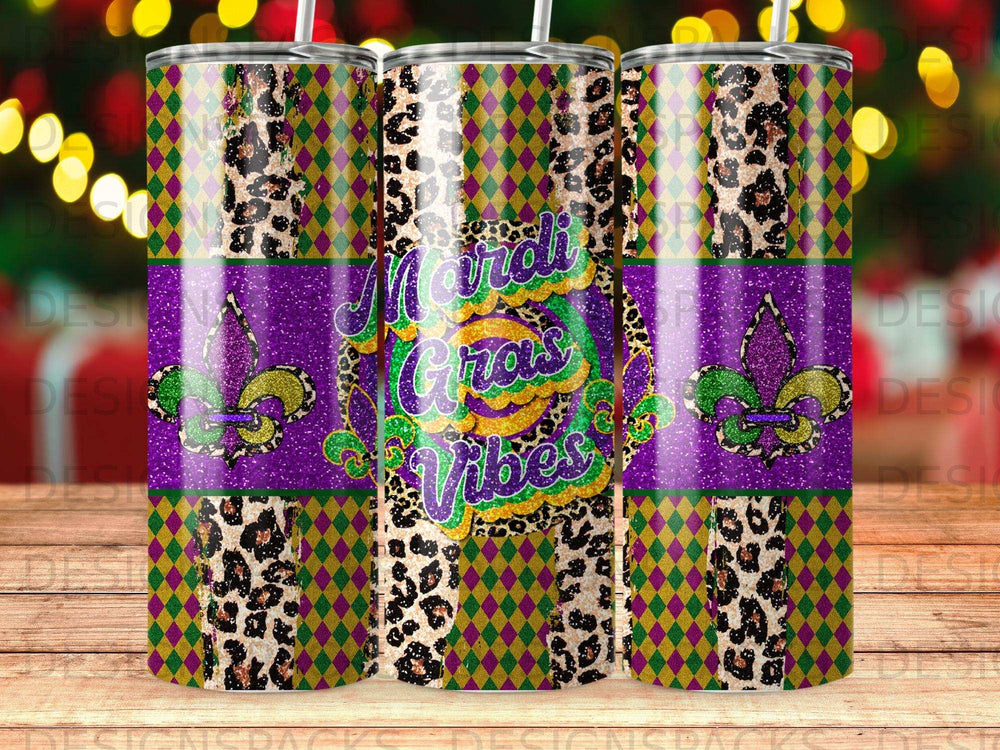 Mardi Gras Vibes tumbler with leopard print and diamond patterns.