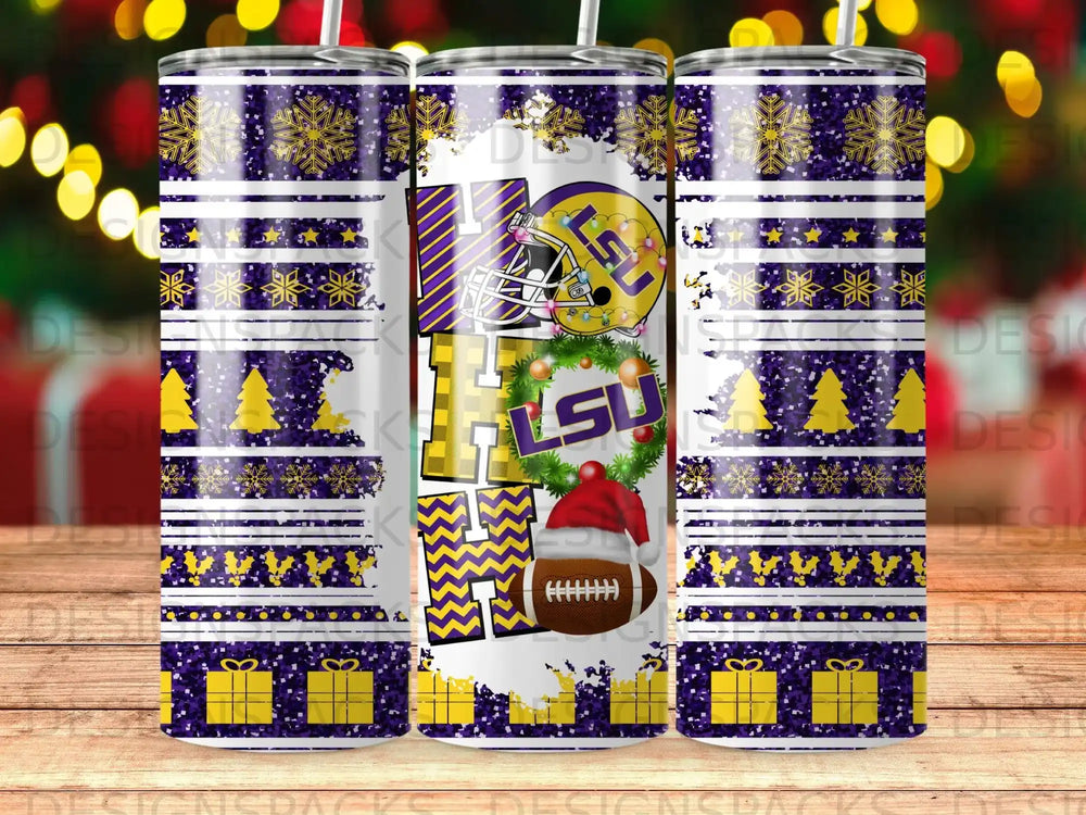 Purple and gold LSU holiday tumbler with snowflakes and gifts.