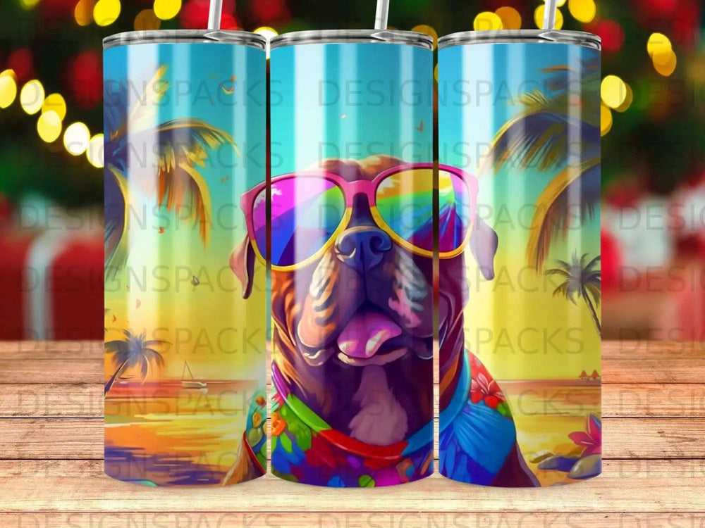 Boxer dog in sunglasses and Hawaiian shirt on tropical beach tumbler.