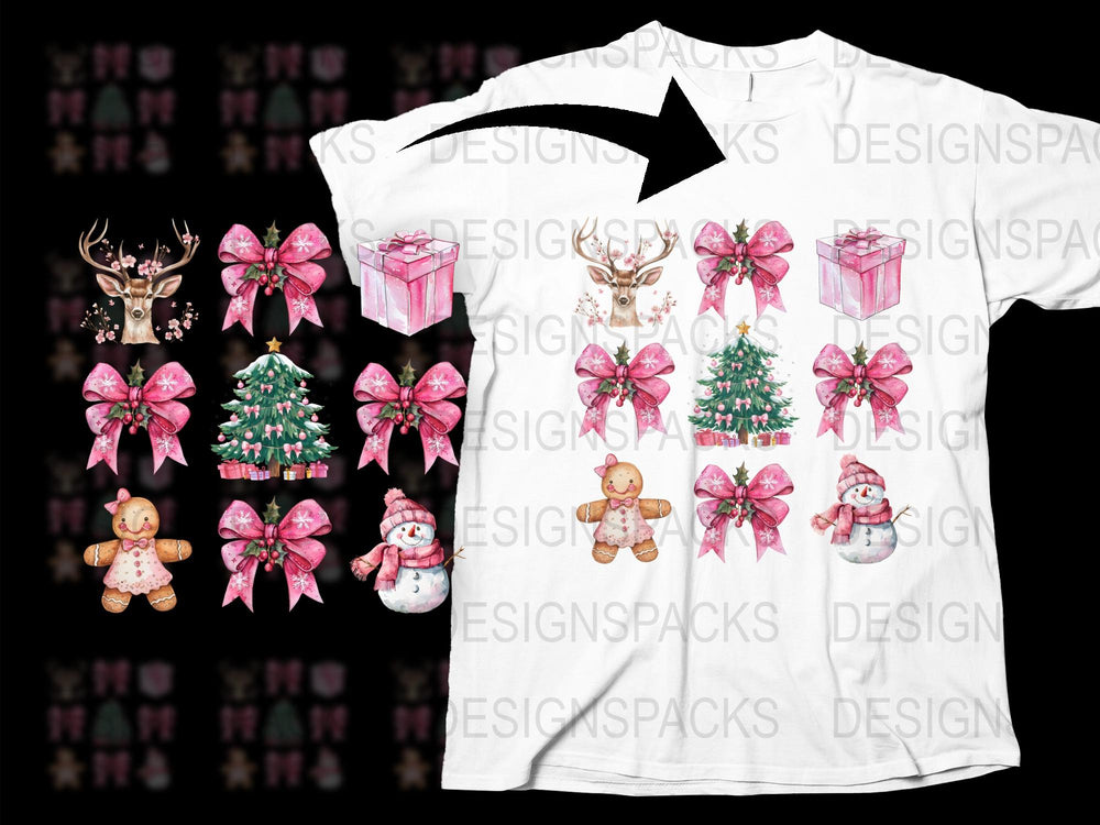 Festive Holiday T-Shirt with Christmas Trees, Gifts, and Snowman Graphics, Cozy Winter Apparel