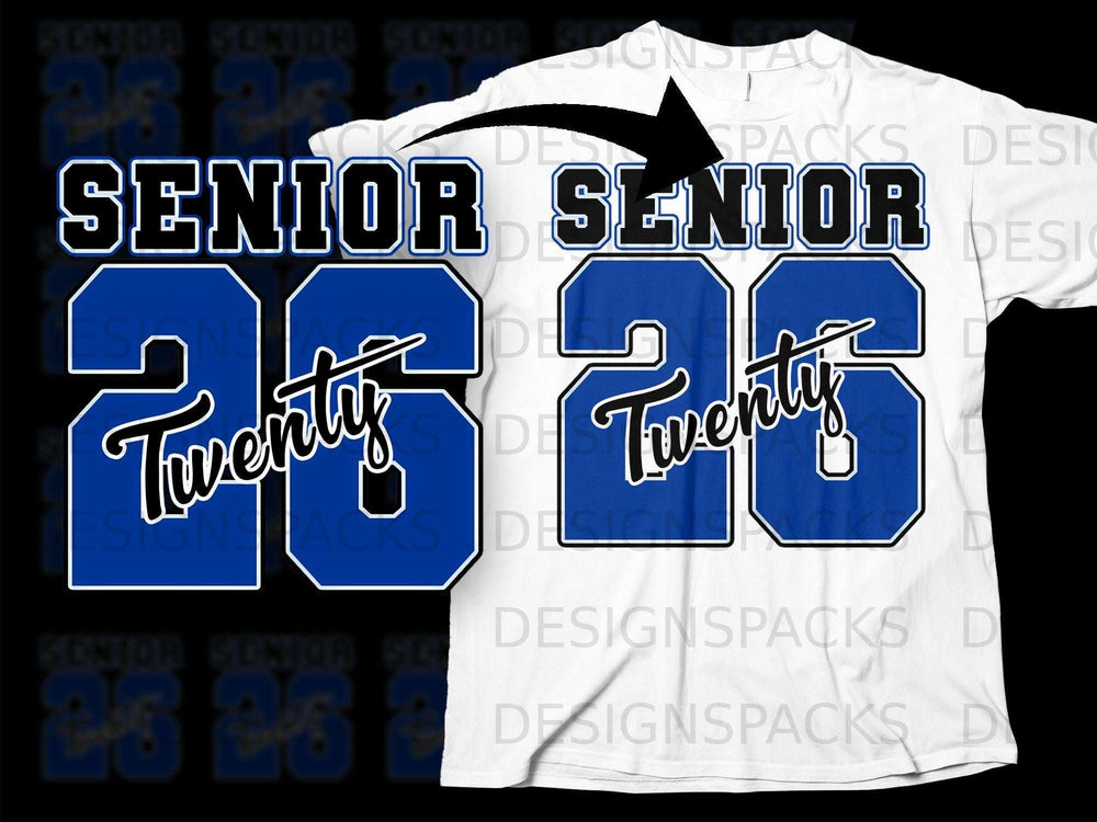 Blue "Senior 2026" graphic with "Twenty" on white t-shirt mockup.