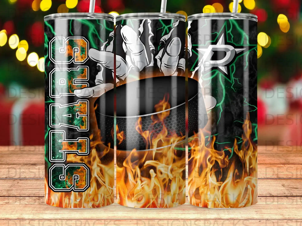 Hockey puck and flames design on a black tumbler with "Seals" text.
