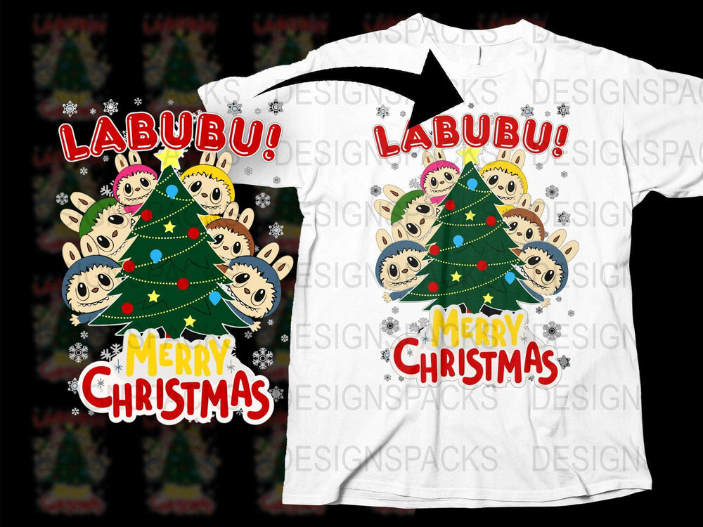 Cute Labubu Christmas T-Shirt, Festive Holiday Graphic Tee, Unisex Xmas Tree Apparel with Cartoon Faces