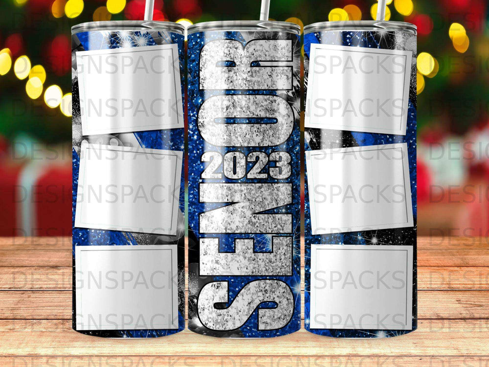 Tumbler with "SENIOR 2023" text and glittery blue and white design.