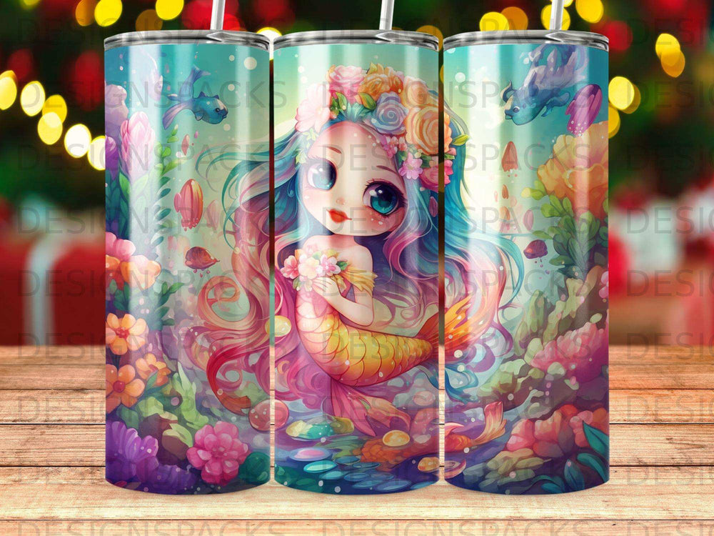 Whimsical mermaid with colorful tail and floral headdress underwater.
