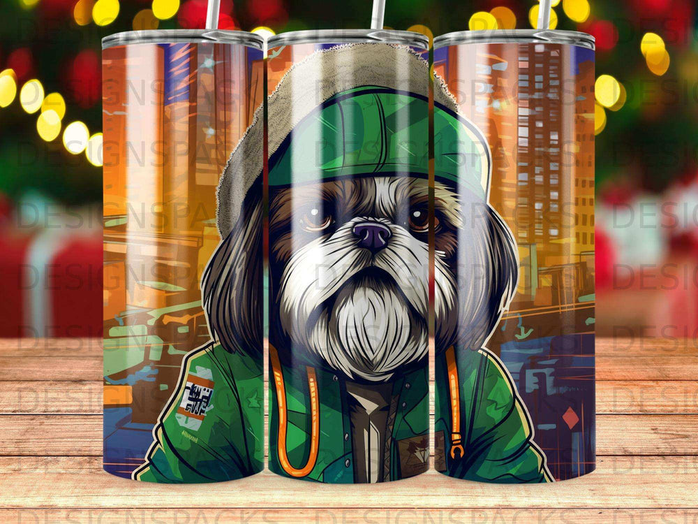 Shih Tzu dog wearing a green hoodie and hat, urban background.