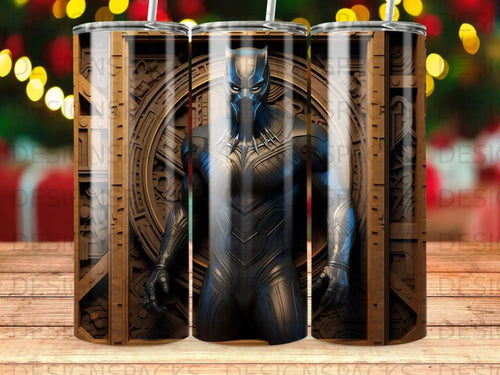 Black Panther character illustration on a cylindrical tumbler with golden gears backdrop.