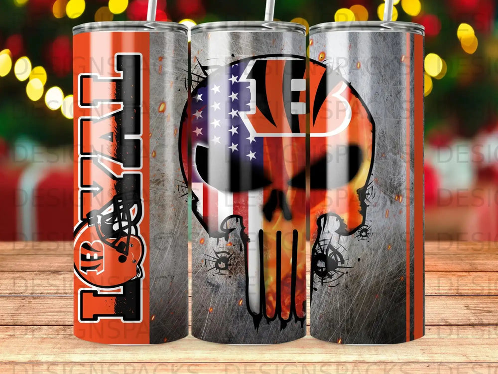 Cincinnati Bengals skull with American flag and football helmet.