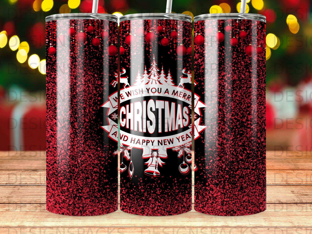 Red glitter tumbler with "Merry Christmas and Happy New Year" text.