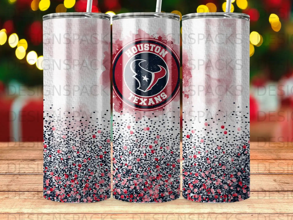 Houston Texans glitter tumbler with team logo and red, white, and blue accents.