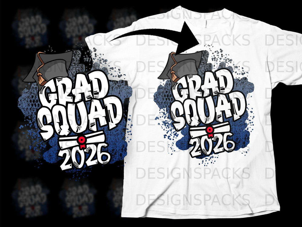 White t-shirt with "GRAD SQUAD 2026" in graffiti-style font and a graduation cap.