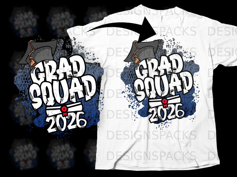 White t-shirt with "GRAD SQUAD 2026" in graffiti-style font and a graduation cap.