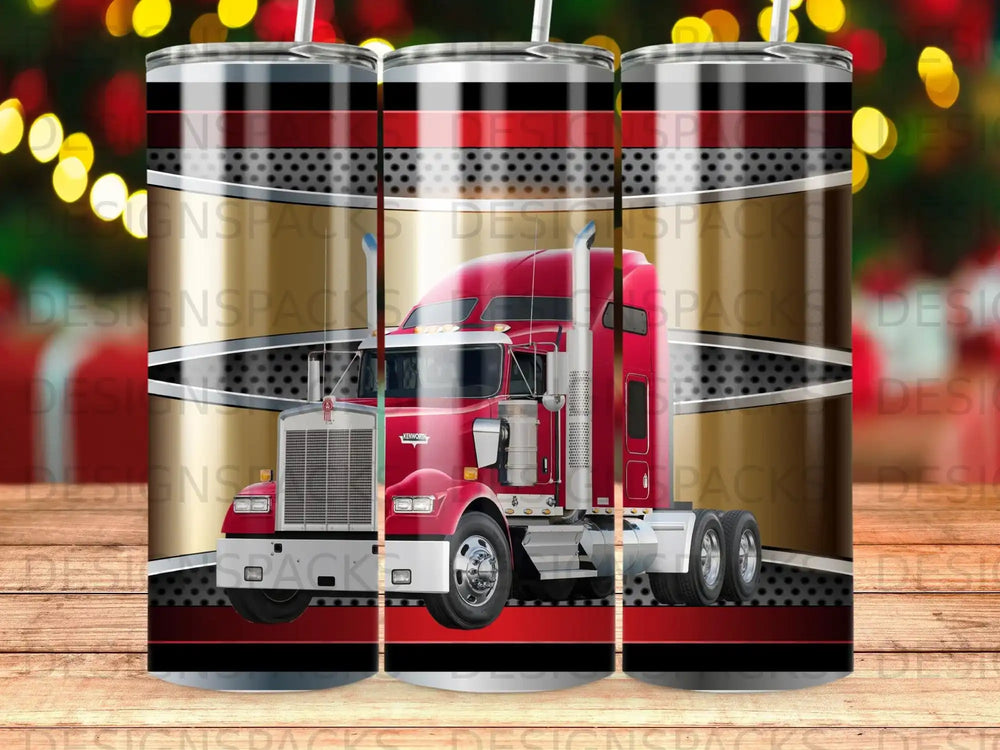 Red semi-truck with black and gold racing stripes on a tumbler.